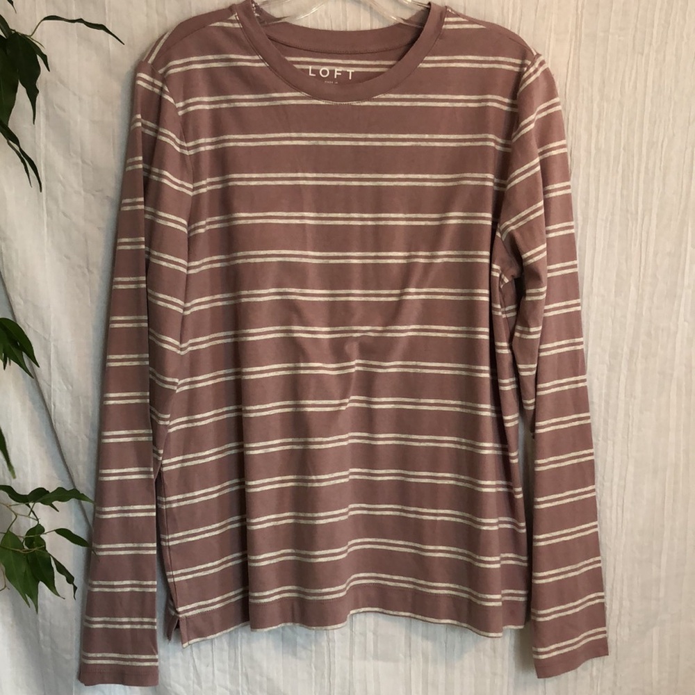 ANN TAYLOR & LOFT mauve cream striped NWT & cream w/beads neck lot 2 casual tops - Picture 2 of 15
